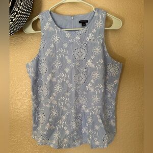 Ann Taylor Blue Cotton Floral Embroidered Blouse